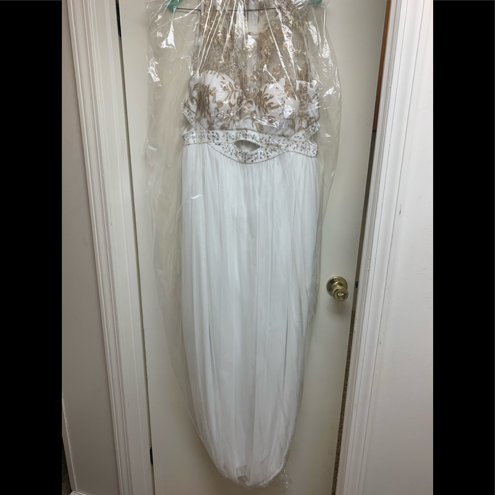 Long ivory with gold and silver accent Prom dress